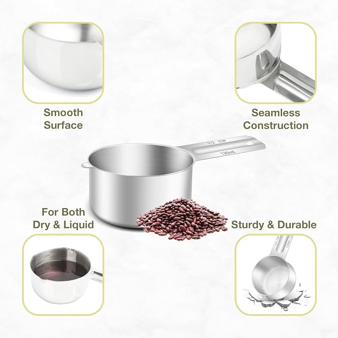 2PCS 1/2Cup (120ml, 4oz) Single Measuring Cup, Etched Inner Scale Stainless Steel Measure Scoop, Metric and US Measurement, Dishwasher Safe