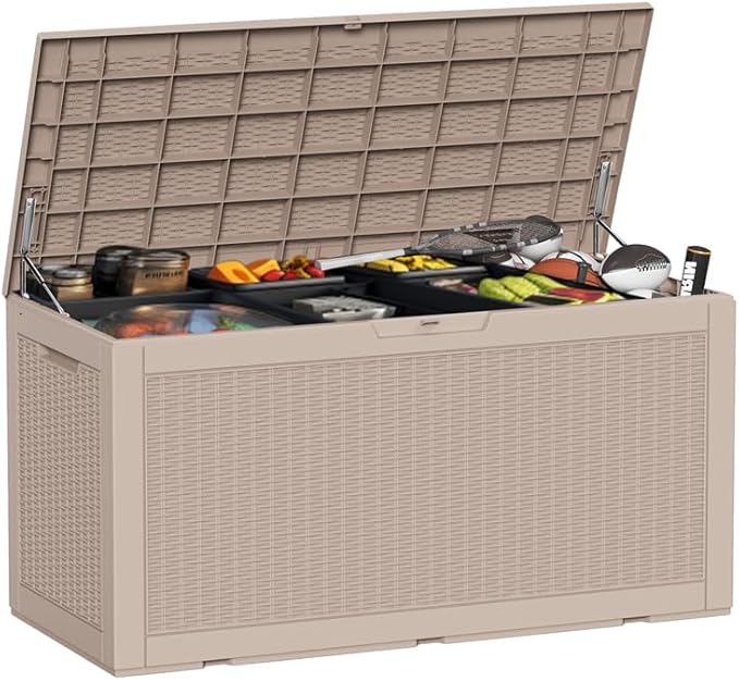 100 Gallon Waterproof Large Resin Deck Box, Lockable Storage Container for Patio Cushions, Garden Tools, Indoor & Outdoor (Brown)