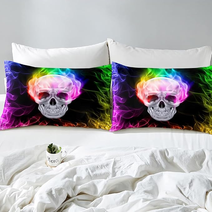 Erosebridal Skull Comforter Set, Skeleton Bones Bedding Set Twin Size Halloween Horror Gold Flame Duvet Sets for Kids Teens Adult Bedroom Decor, Gothic Spooky Bedding Comforters, Warmth Soft