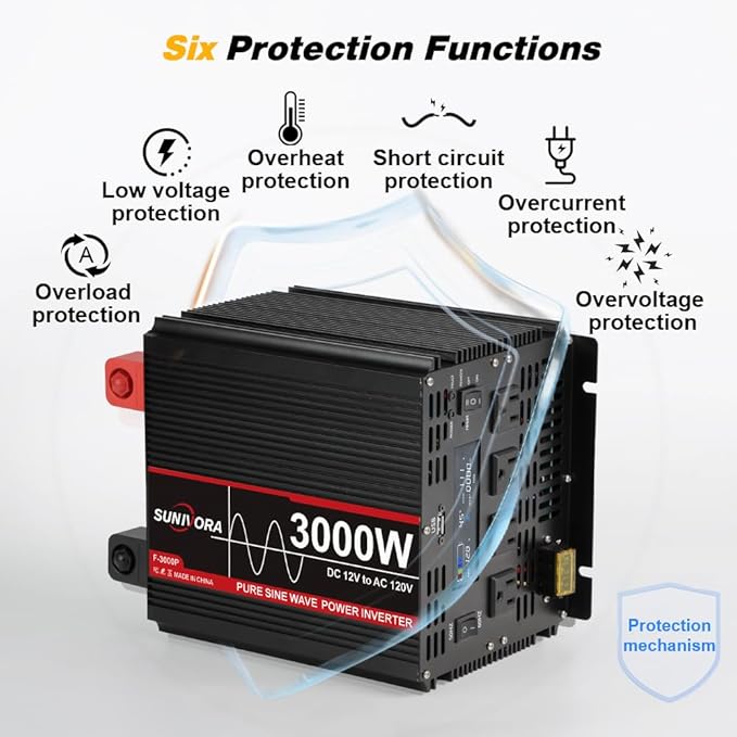 3000 Watt Pure Sine Wave Power Inverter with LCD 12V DC to 110V/120V AC Peak Power 6000W Car Power Inverter with 4 AC Outlets & 1 USB Port & Remote Control for Truck RV Car Solar System