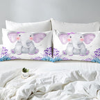Kids Elephant Bedding Set Cute Animal Comforter Set Twin For Girls Boys Kawaii Room Decor, Flower Branches Duvet Sets Cartoon Elephant With Floral Down Comforter With 1 Pillow Case, Purple Blue