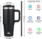 Konokyo 30 oz Insulated Tumbler Water Bottle with Handle, Straw Lid | BPA-free and dishwasher safe; made for gym, travel, coffee and gifting, 2 straws, cup holder friendly,Black