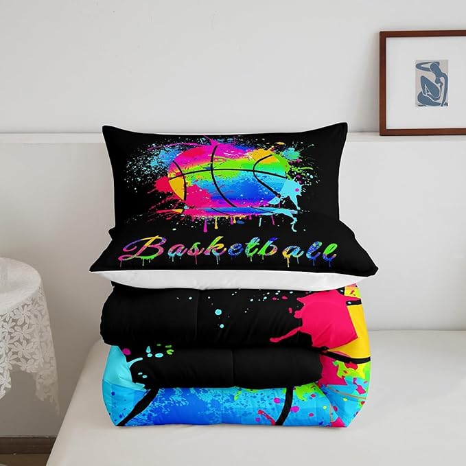 Feelyou Kids Basketball Comforter Set Queen Size Gaming Sports Bedding Set for Boys Girls Teens Bedroom Decor Ball Games Tie Dye Comforter Gift for Basketball Lover Duvet Set with 2 Pillow Case