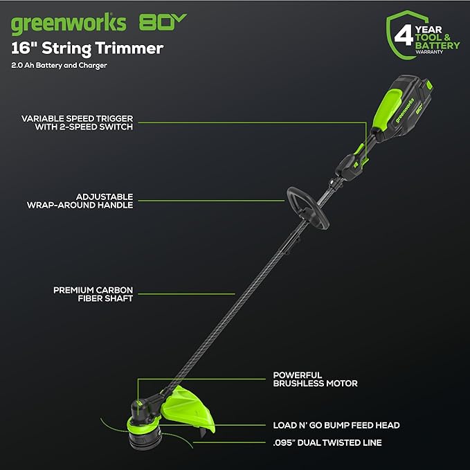 Greenworks 80V 16" Carbon Fiber Brushless Cordless String Trimmer - 2-Mile Fence Line & Driveway Edging Pro, 2.0Ah Battery/Charger Included, 23% Lighter vs Gas Trimmers