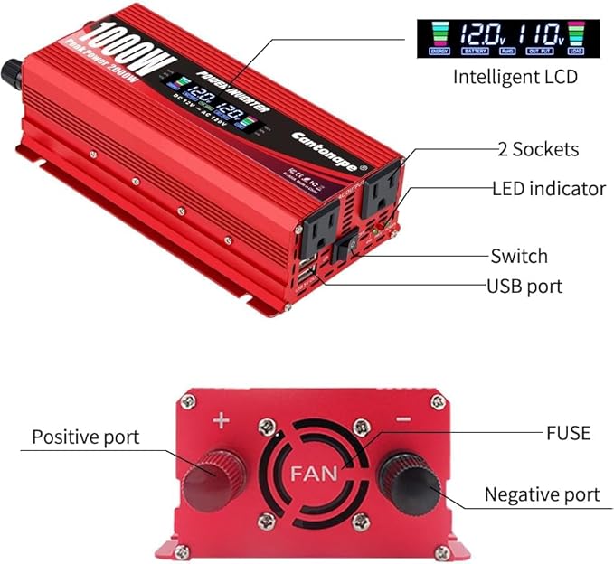 1000W/2000W(Peak) Car Power Inverter DC 12V to 110V/120V AC Converter with LCD Display Dual AC Outlets and Dual USB Car Charger for Car Home Laptop Truck Red