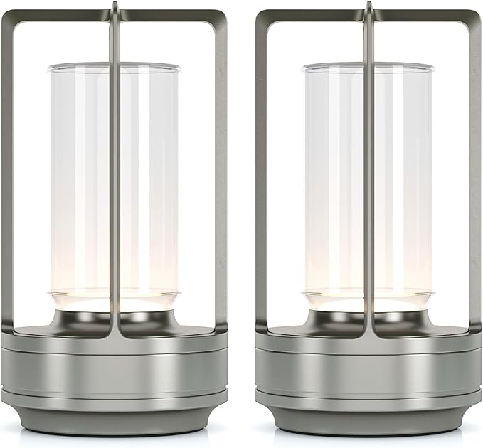 Portable Metal Table Lamp for Indoor/Outdoor ,Rechargeable Cordless LED Lamp, 3-Colour Infinitely Dimming Battery Powered Small Desk Lamp, Restaurant/Bedroom/Bar/Coffee/Camping Light (Sliver Set of 2)