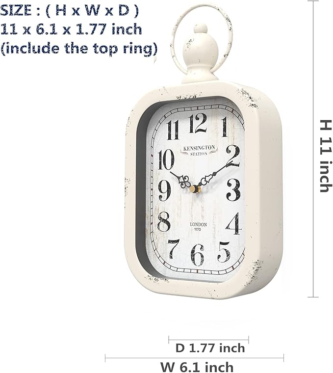 Menterry Small Retro Rectangle Wall Clock, White Antique Vintage Style, Battery Operated Silent Decor Wall Clocks for Farmhouse,Bedroom,Kitchen,Bathroom (11" H x 6.1" W)