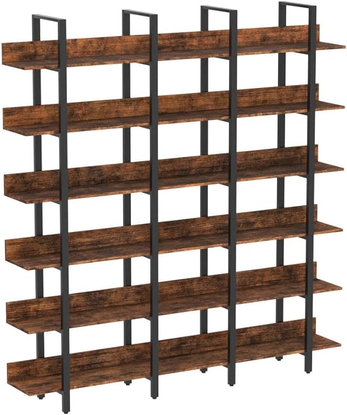 IRONCK Bookcase and Bookshelves Triple Wide 6-Tiers Large Open Shelves, Etagere Bookcases with Back Fence for Home Office Decor, Easy Assembly, Vintage Brown