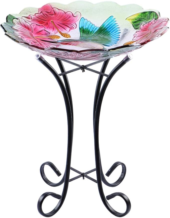 MUMTOP Outdoor Glass Birdbath with Metal Stand for Lawn Yard Garden Hummingbird Decor,18” Dia 21.65” Height