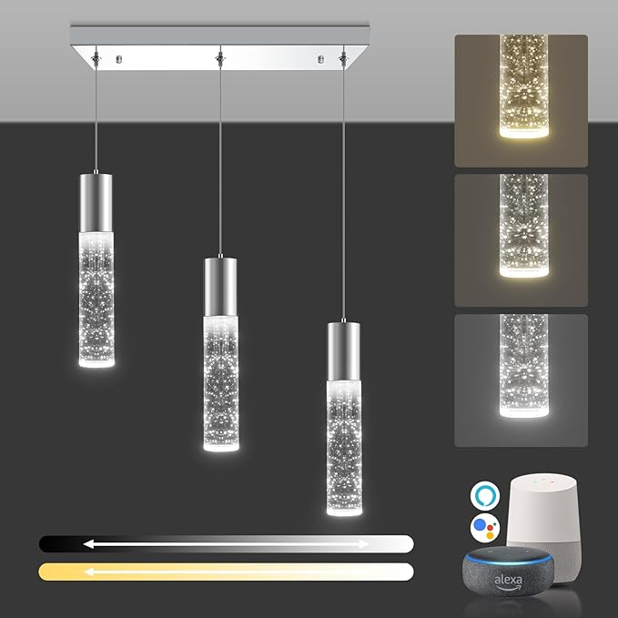 OKELI Smart 3-Light LED Pendant Lighting for Kitchen Island, 18W 1350LM Adjustable 3000K-6000K, Dimmable via TUYA App & Voice Control (Alexa/Google Home), Modern Crystal Bubble Pendant,Chrome Square