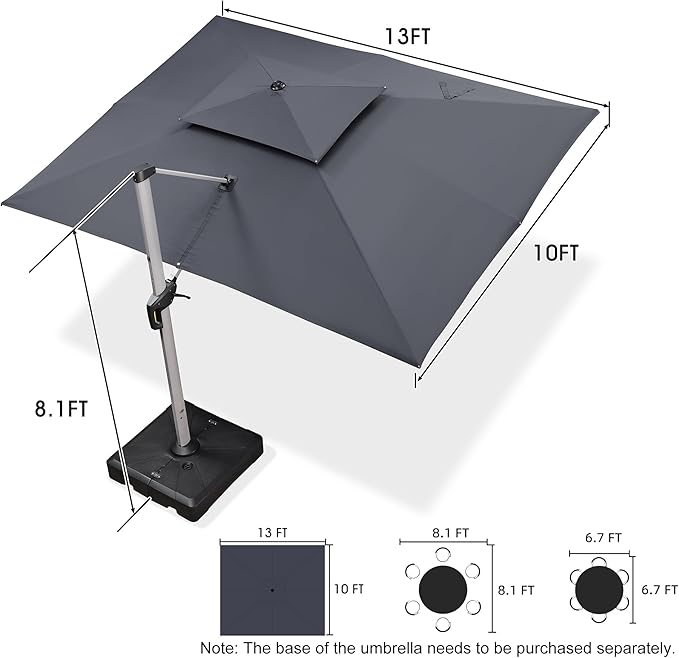 PURPLE LEAF 10' X 13' Patio Umbrella Outdoor Rectangle Umbrella Large Cantilever Umbrella Windproof Offset Heavy Duty Sun for Garden Deck Pool Patio, Grey