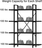 HSH 4 Tier Black Bookshelf, Industrial Metal Wood Storage Book Shelves, Modern Open 4 Shelf Bookcase and Display Etagere, Vertical Book Shelf for Bedroom Living Room Office