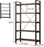 5 Tier Bookcase, Solid Rustic Industrial Etagere Bookcase, Metal and Wood Free Vintage Bookshelf, Retro Brown (Real Wood) (5-Tier)