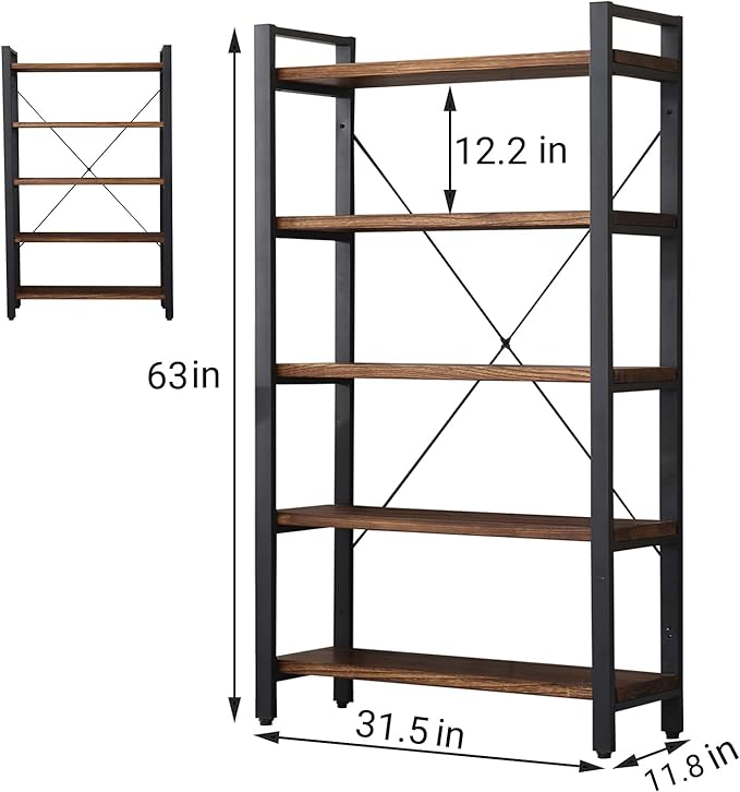 5 Tier Bookcase, Solid Rustic Industrial Etagere Bookcase, Metal and Wood Free Vintage Bookshelf, Retro Brown (Real Wood) (5-Tier)