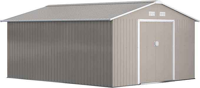 Outsunny 11' x 13' Outdoor Storage Shed, Garden Tool Metal Shed with Foundation Kit, Double Lockable Door, Air Vents and Sloping Roof, for Backyard, Patio, Lawn, Light Gray