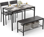 Gizoon 4-Piece Dining Table Set for 4, Kitchen Table with Bench Black | Space-saving black 4-piece dinette set with metal storage rack. Includes 2 ergonomic chairs and 1 bench. Easy to clean.