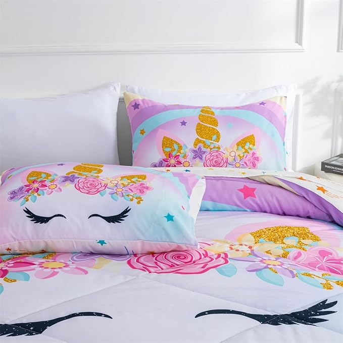 NTBED Unicorn Twin Comforter Set with Sheets,5 Pieces Kids Bedding Sets for Girls, Lightweight Microfiber Star Rainbow Bed in a Bag,Blue Purple