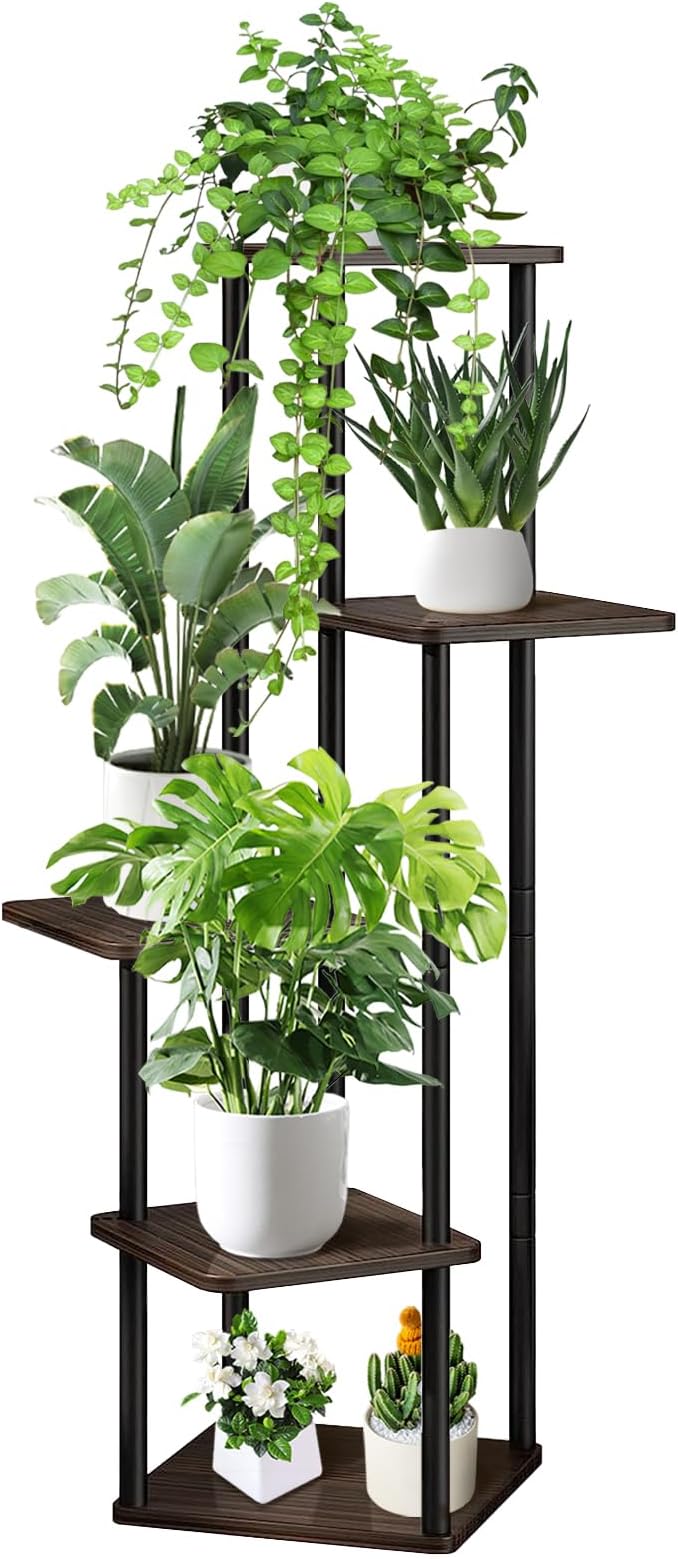 5 Tier Wood Tall Plant Stand Metal Rack Indoor, Multiple Flower Pot Holder Shelves Corner Rack, Planter Shelf Display Rack Storage Organizer for Patio Living Room Balcony Garden(Black Oak)