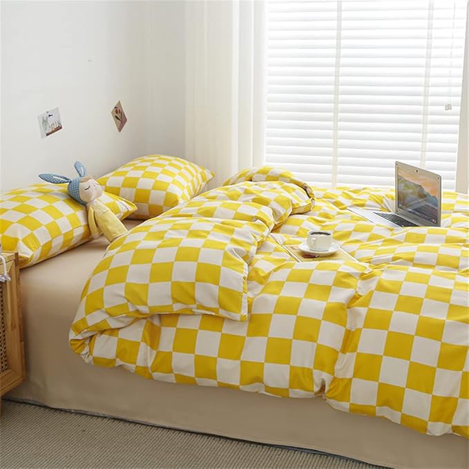 Wellboo Yellow and White Comforter Sets Full Women Men Bright Yellow Checkerboard Grid Bedding Comforters Cotton Boys Girls Modern Light Yellow Checkered Geometric Quilts Luxury Elegant Yellow Bed