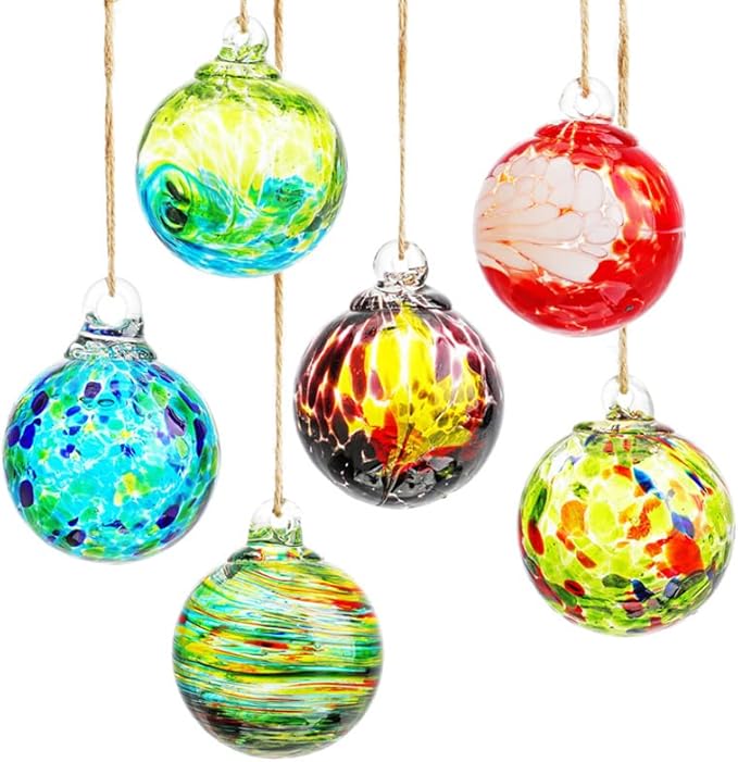 QFkris 6 Pack Hand Blown Glass Ornament for Christmas Tree, 2.3" Hanging Gazing Ball Witch Balls Glass Friendship Gift for Indoor Window Garden Outside Home Decor for Women