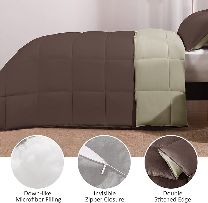 Basic Beyond King Size Comforter Set - Fluffy King Bed Comforter Set for All Seasons - Reversible Bedding King Size Comforter Set - 3 Pieces (1 Comforter + 2 Pillow Shams) - Brown/Ivory