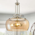 WUZUPS Nickel Chandelier Rustic Farmhouse Industrial Round Ceiling Pendant LED Light Fixture with Amber Glass Shade for Dining Room Kitchen Island Foyer Entryway, H 20.9" W 15.9", E26 Base