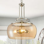 WUZUPS Nickel Chandelier Rustic Farmhouse Industrial Round Ceiling Pendant LED Light Fixture with Amber Glass Shade for Dining Room Kitchen Island Foyer Entryway, H 20.9" W 15.9", E26 Base