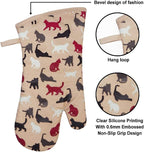 Oven Mitts Gloves 1 Pair Heat Resistant 480 ℉ Non Slip Clear Silicone Printed Comfortable Cotton Lining Kitchen Women Men Cooking Barbecue Microwave Machine Washable (Cat, Khaki Mittens)