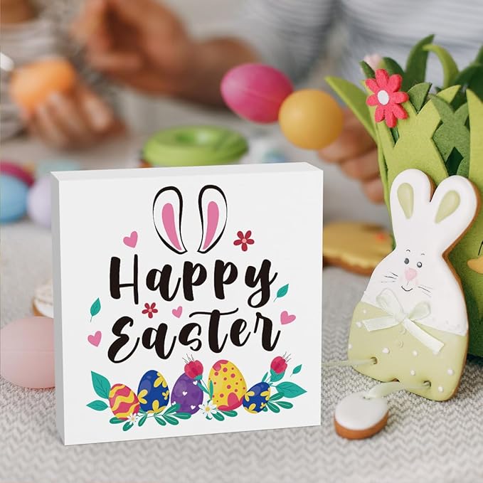 Rustic Farmhouse Bunny Easter Decorations Country Home Office Desk Decor Happy Easter Sign Cubicle Shelf Tabletop Tiered Tray Decor Gifts for Women 5 X 5 Inch
