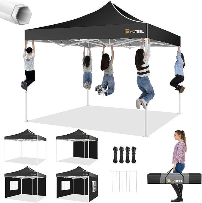 HOTEEL 10x10 Pop up Canopy Tent for Parties, Heavy Duty Easy Setup Tent with 4 Sidewalls, Outdoor Commercial Instant Gazebo for Wedding Event, with Portable Bag & Sand Bags, Black(Hexagonal Frame)