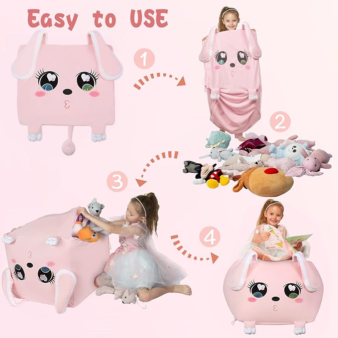 Big Ear Rabbit Toy Organizers and Storage, Cute Bean Bag Chair Pink for Girls Room Decorations, Large Size 22x24 Inch Velvet Extra Soft, Cover ONLY