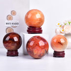 JIC Gem 2.7-3.1 inch(70-80mm) Large Madagascar Red Agate Crystal Ball Round Healing Crystals Decorative Sphere with Wooden Stand Meditation Witchcraft Home Decor