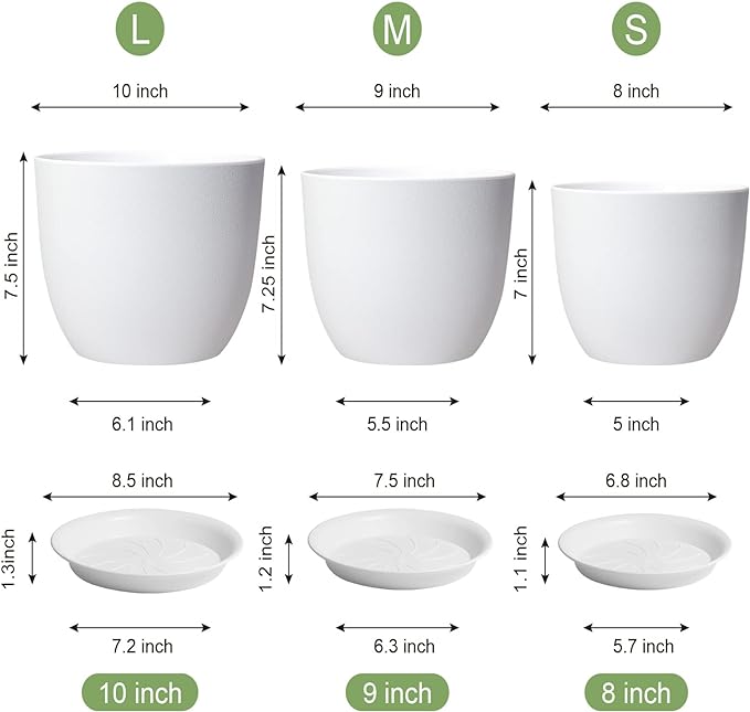 10/9/8 inch Medium Flower Pots, 3 Pack Modern Decorative Plastic Planters with Drainage Holes and Tray, Plant Pots for Indoor Outdoor Plants, White