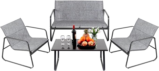 4 Pieces Patio Furniture Set Outdoor Patio Conversation Sets Poolside Lawn Chairs with Glass Coffee Table Porch Furniture for Courtyard, Garden and Balcony (Grey)
