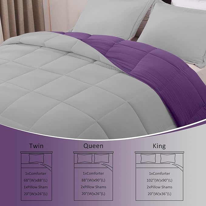 Basic Beyond King Size Comforter Set - Fluffy King Bed Comforter Set for All Seasons - Reversible Purple King Size Comforter Set - 3 Pieces (1 Comforter + 2 Pillow Shams) - Purple/Grey
