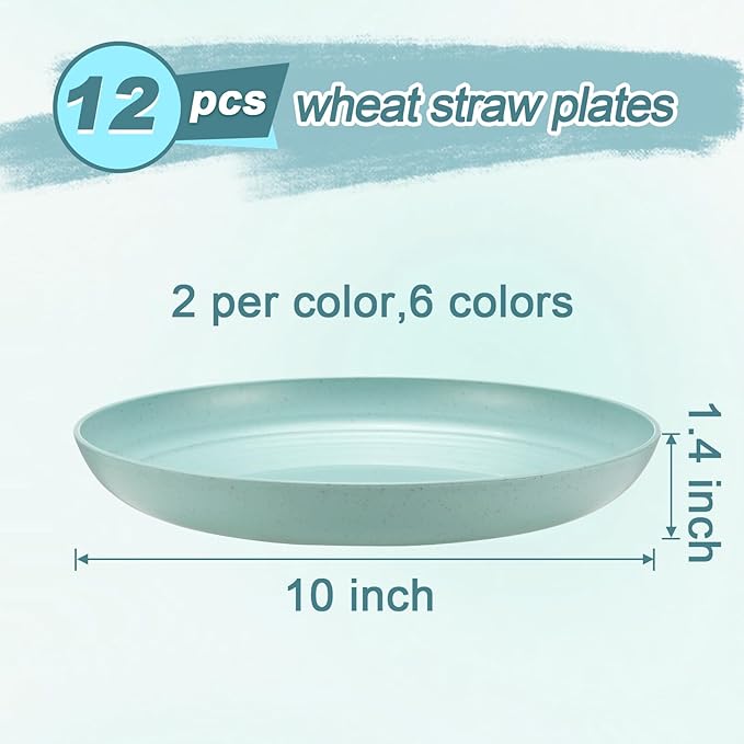 12 Pcs Unbreakable Deep Dinner Plates Set, 10 inch Reusable Plastic Wheat Straw Plates, Microwave and Dishwasher Safe Plate for Kitchen, Lightweight Plate for Dessert, BPA Free, 6 Colors