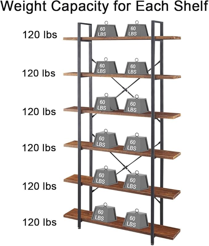 HSH Solid Wood Bookshelf, 6 Tier Tall Industrial Etagere Bookcase and Storage Shelves Heavy Duty, Rustic Large Open Vertical Metal Natural Real Wood Book Shelf for Bedroom Living Room Distressed Brown