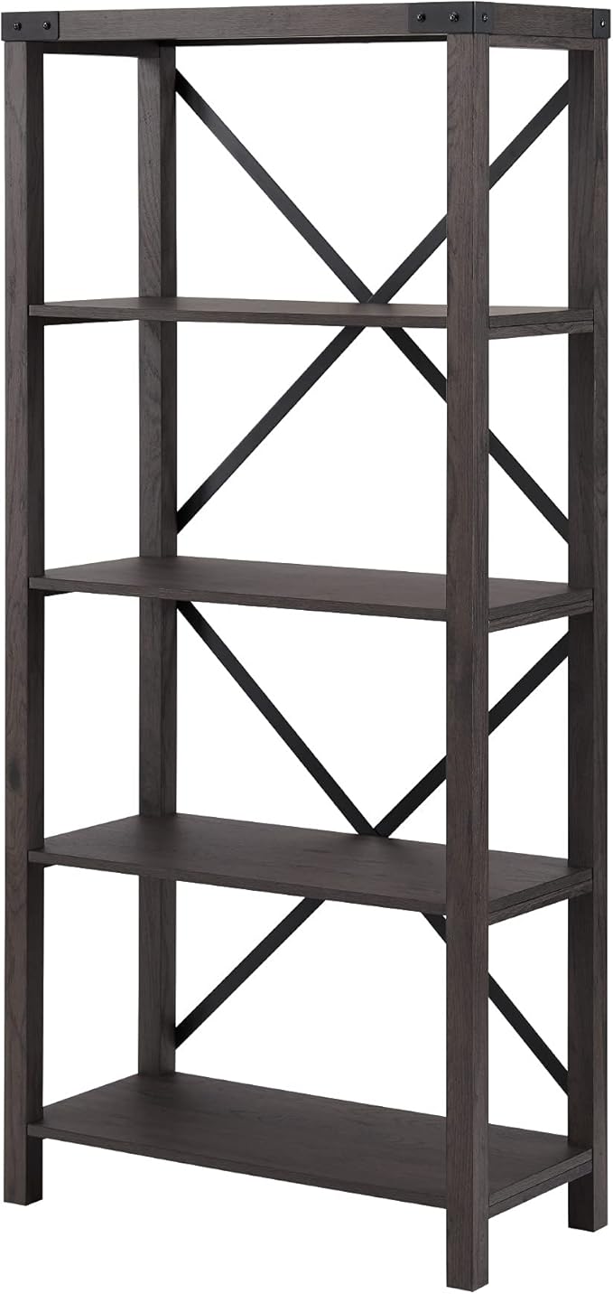 Walker Edison Andersen Urban Industrial Metal X-Back Bookshelf, 64 Inch, Sable Grey