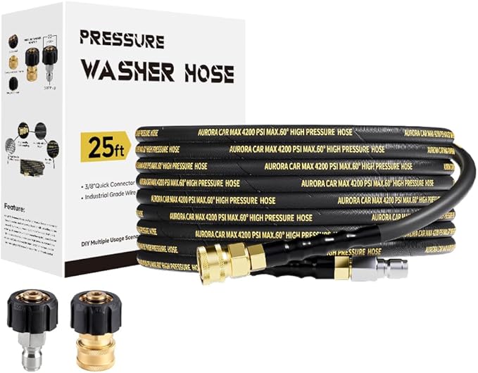 Pressure Washer Hose 25FT with 3/8 Inch Quick Connect, Kink Resistant High Tensile Wire Braided, with 2 pcs M22 14mm Adapter Set, 4200 PSI Power Washer Hose