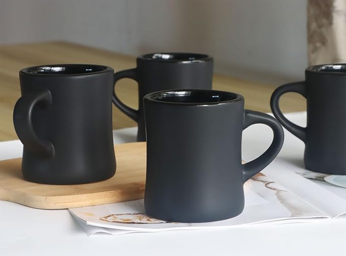 harebe Retro Coffee Mugs Set of 4, 10 OZ Heavy Classic Ceramic Diner Cups Set with Handle for Coffee, Tea, Cocoa, Milk, Latte（Black）