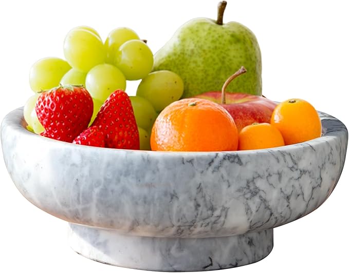 Natural White Marble Bowl with Grey Veins Large Decorative Bowl for Home Decor，Entryway, Fruit Display, Key Holder, Centerpiece (10.2" Diameter)