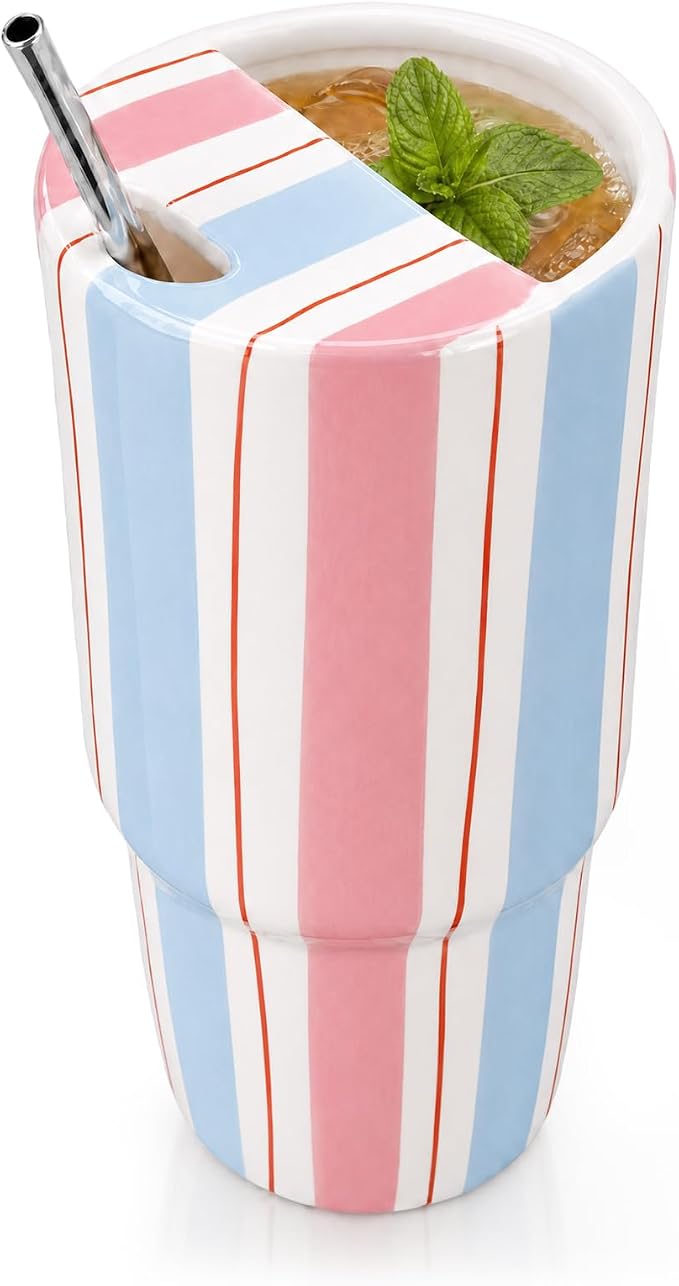 Large Ceramic Coffee Mug with Sip Hole 20 oz Pastel Striped Travel Cup with Straw and Cleaning Brush Coffee Espresso Latte Tea Cup for Kitchen Dining Birthday Gift