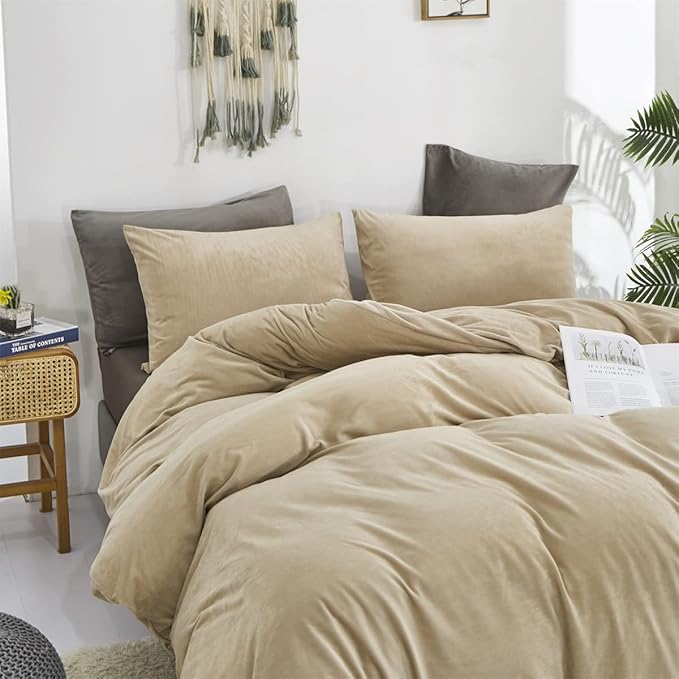 Wellboo Beige Velvet Comforter Sets Full Solid Cream Coffee Fluffy Bedding Comforters Luxury Champagne Flannel Quilts Women Men Light Taupe Fuzzy Blankets Modern Minimalist Khaki Tan Sherpa Plush Bed