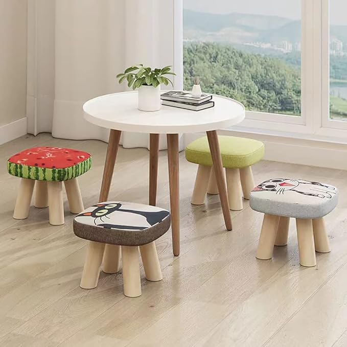 2Pcs Solid Wood Stool Home Square Low Stool Cute Children's Sofa Stool Chair Fashion Cartoon Creative Small Stool for Kids and Adult, Changing Stool Coffee Table Stool, Bear 330lb (Kiwi)