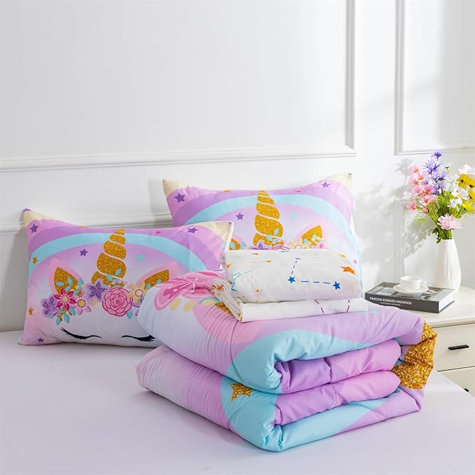 NTBED Unicorn Twin Comforter Set with Sheets,5 Pieces Kids Bedding Sets for Girls, Lightweight Microfiber Star Rainbow Bed in a Bag,Blue Purple