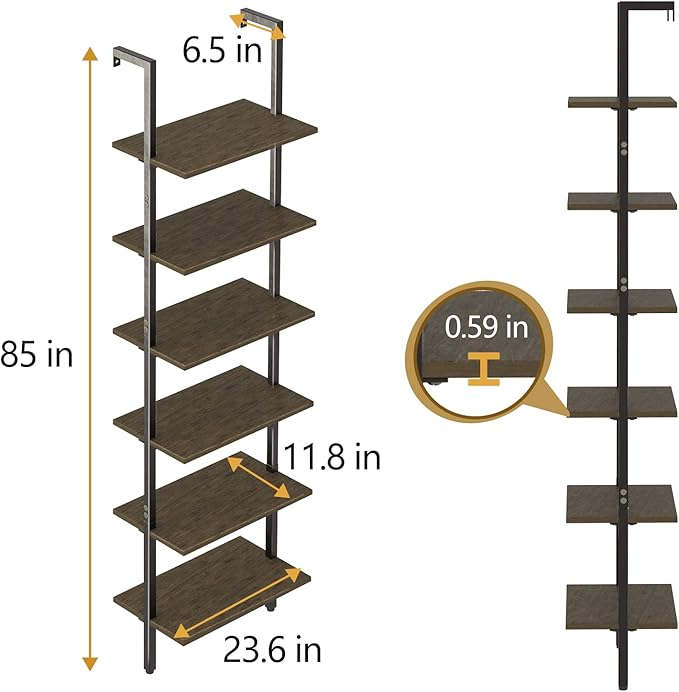 Ladder Shelf Black 6 Tiers Modern Bookshelf Room Organizer Open Tall Wall Mount Bookcase Standing Leaning Wall Shelves Industrial Decorative Living Room Bed Room