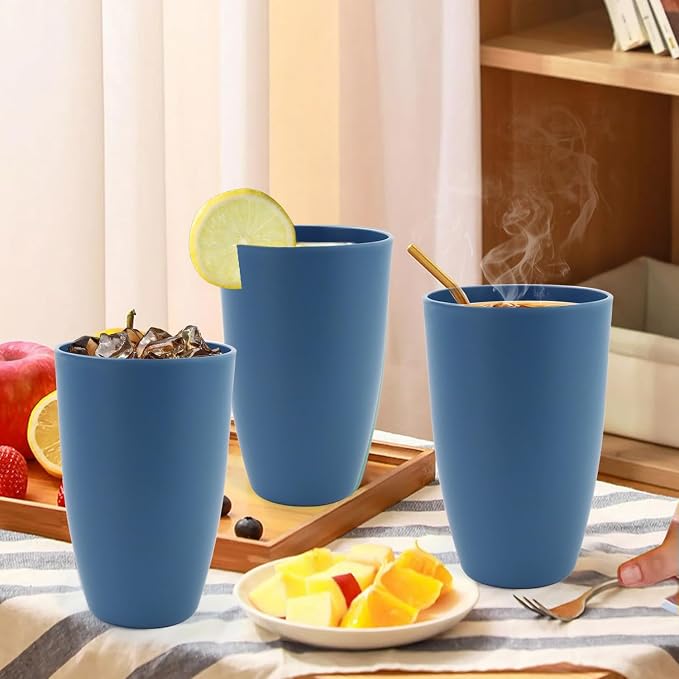 20 OZ Large Drinking Cups, Wheat Straw Cups Set of 6, Unbreakable Plastic Tumblers, Big Kitchen Cups Microwave & Dishwasher Safe Water Glasses for Kitchen, Bathroom, Party - Blue