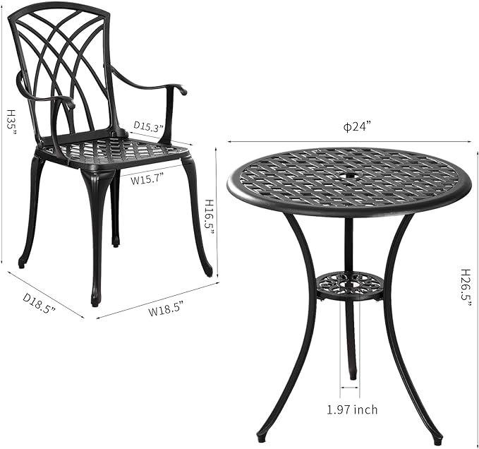 Outdoor 3 Piece Bistro Set Cast Aluminum Bistro Table and Chairs Set of 2, All Weather Bistro Patio Set, Patio Furniture for Garden Black