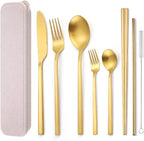 AARainbow 8 Pieces Stainless Steel Flatware Set Portable Reusable Cutlery Set Travel Utensils Set Including Chopsticks Knife Fork Spoon Straws Cleaning Brush Dishwasher Safe (B-Golden)