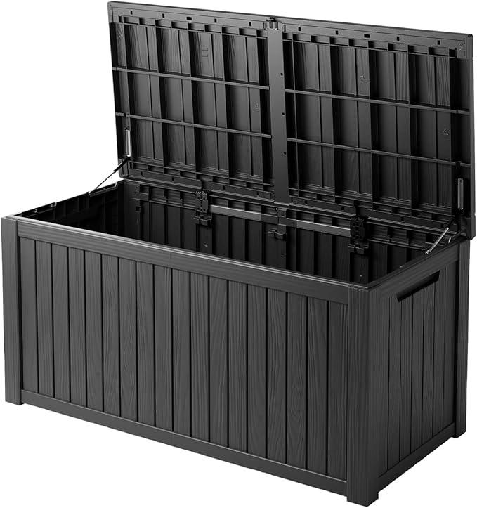 180 Gallon Waterproof Deck Box, Lockable Resin Storage Box for Patio Furniture Cushions Garden Tools and Outdoor Delivery Storage, Black